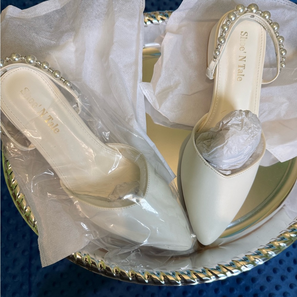 Cream Satin Heels with Pearl Embellishments